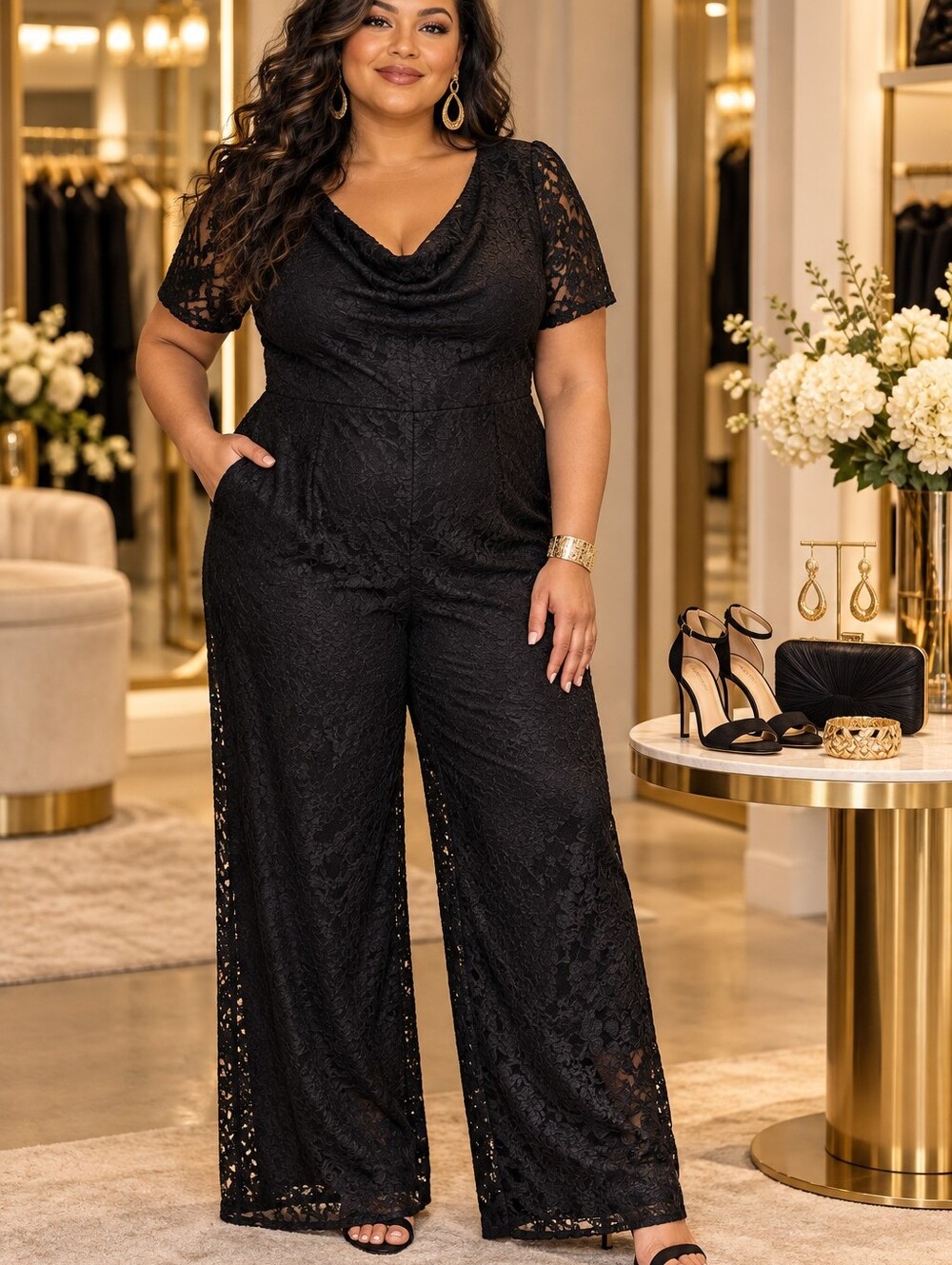 Unlisted Black Jumpsuit with Lace and Short Sleeves